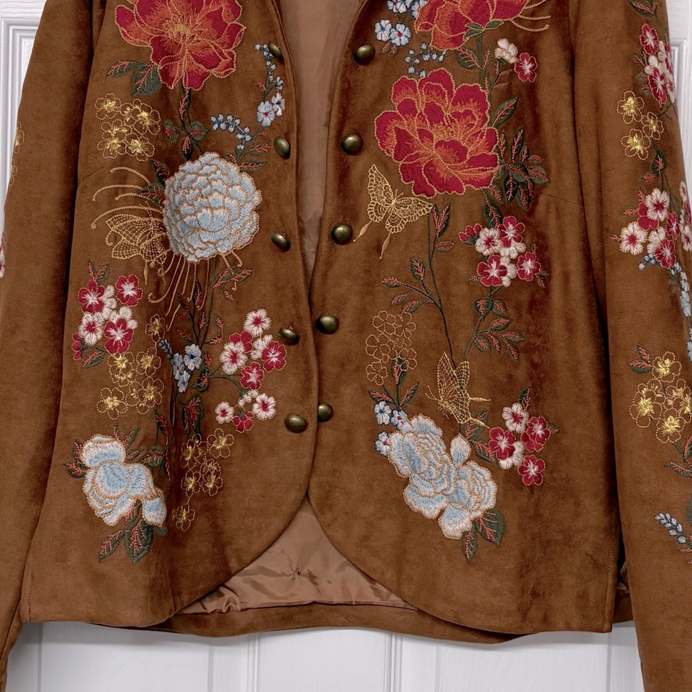 Savanna Jane Heavily Embroidered Open Front Brown Jacket Sz L - Picture 3 of 4